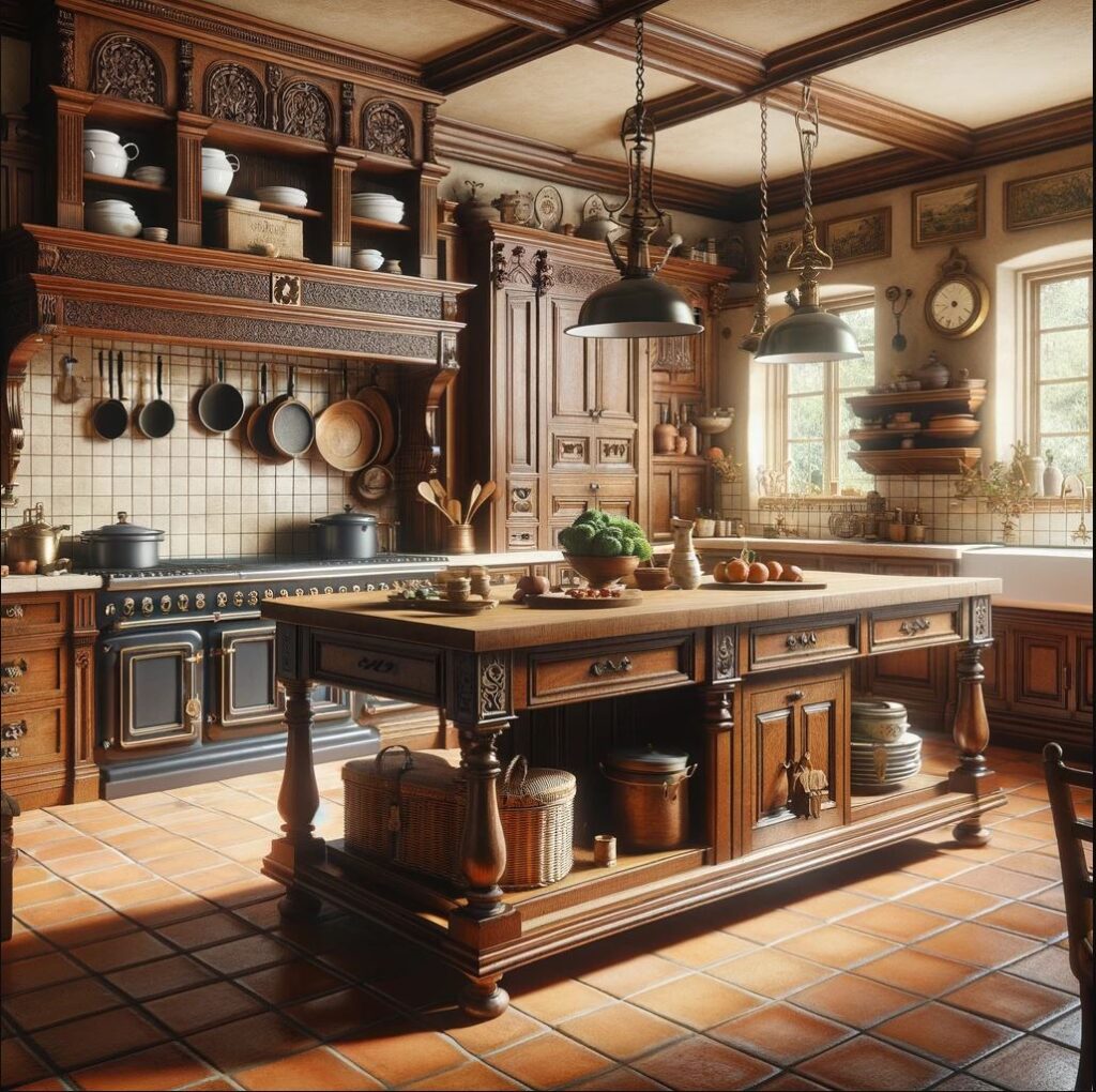 A stately colonial kitchen with beautifully crafted woodwork, a classic stove, and open shelving filled with copper pots and earthenware, evoking the warmth of a bygone era.
