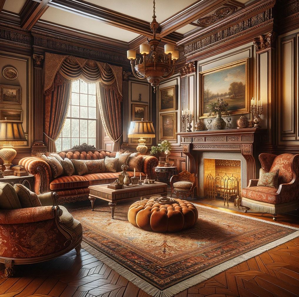 A colonial living room rich in history, adorned with tufted leather sofas, a grand fireplace, and ornate wooden detailing throughout, creating a warm and inviting space.