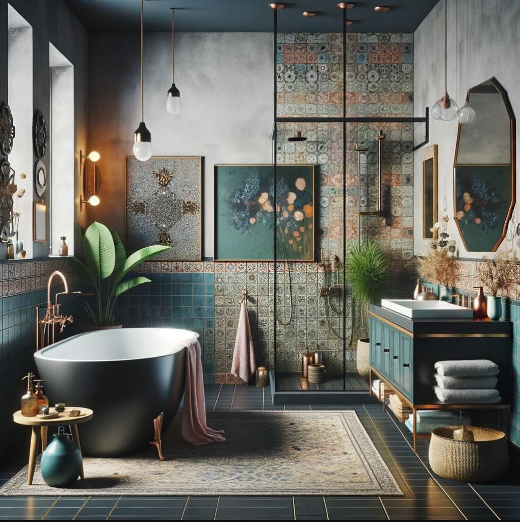 A bathroom that blends modern design with vintage flair, featuring a freestanding bathtub and a vibrant patchwork of tiles.