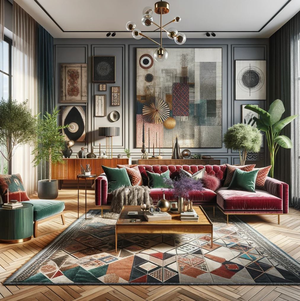 A living room space that's both stylish and inviting, with plush seating and an eclectic collection of art and textures.