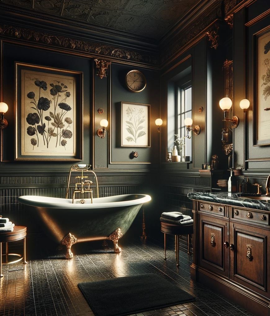 Classic charm defines this space with its elegant tub and sophisticated dark marble. It's a cozy spot for a relaxing soak.