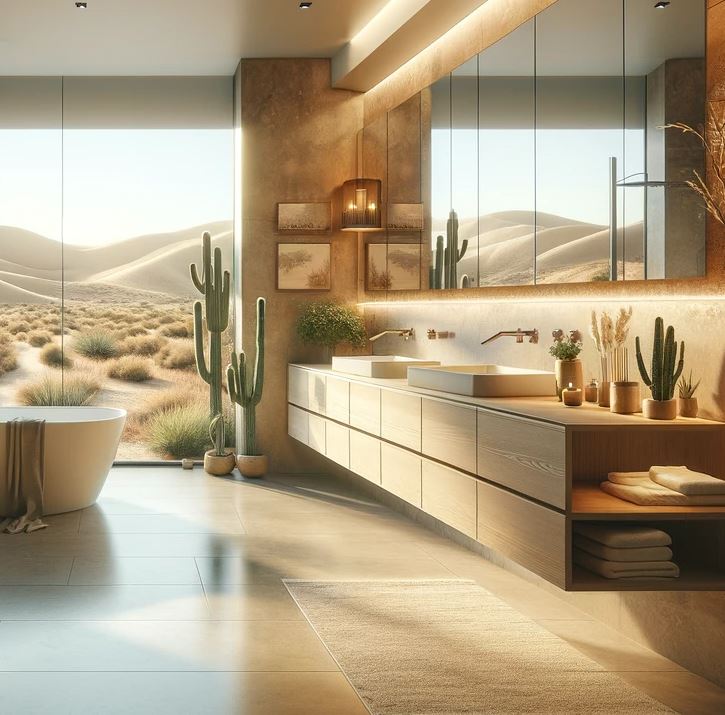 This bathroom is a modern sanctuary with a free-standing tub, floating vanity, and a backdrop of the serene desert, offering a spa-like experience in the comfort of home.
