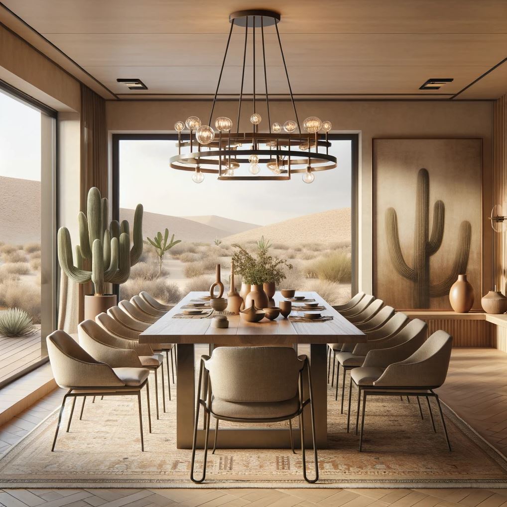 Gather and feast in this inviting dining room that marries elegant furniture with rustic desert charm, highlighted by a chic chandelier and a wide window framing the tranquil sands outside.