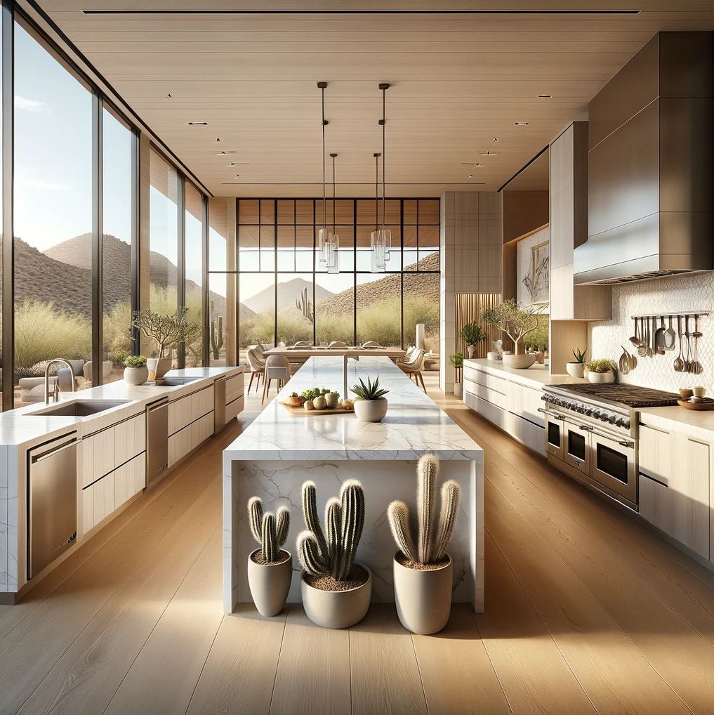 A seamless blend of modernity and desert warmth, this kitchen features light wood cabinetry and a marble island, complemented by a panoramic view of the desert through expansive windows.