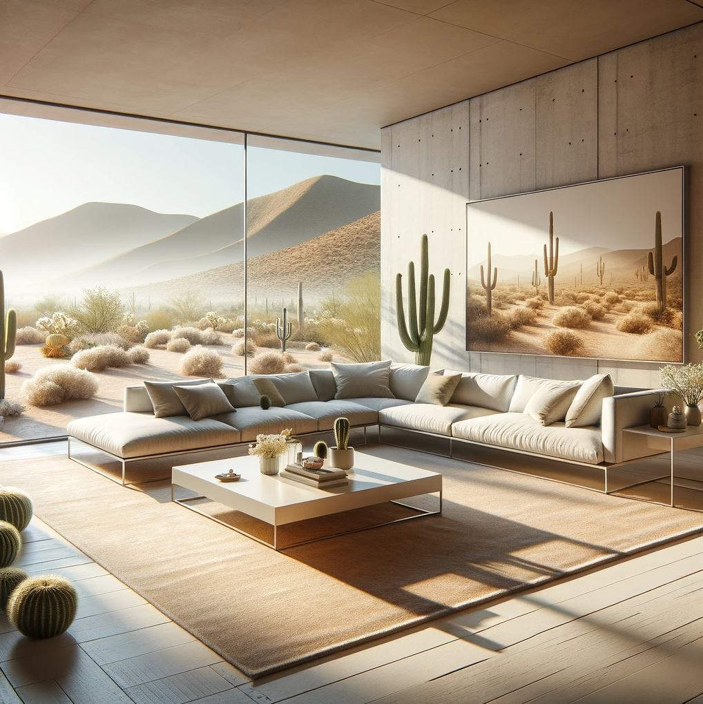 The perfect oasis to unwind, this living room boasts a plush sectional sofa, a sleek coffee table, and a stunning desert vista that acts as a living painting through the floor-to-ceiling windows.