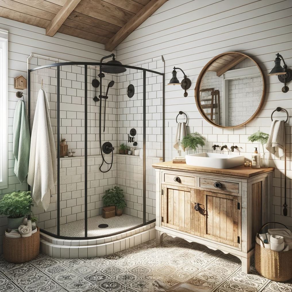 A farmhouse bathroom with a spacious walk-in shower, natural wood vanity, and patterned floor tiles, offering a blend of modern comfort and country charm.
