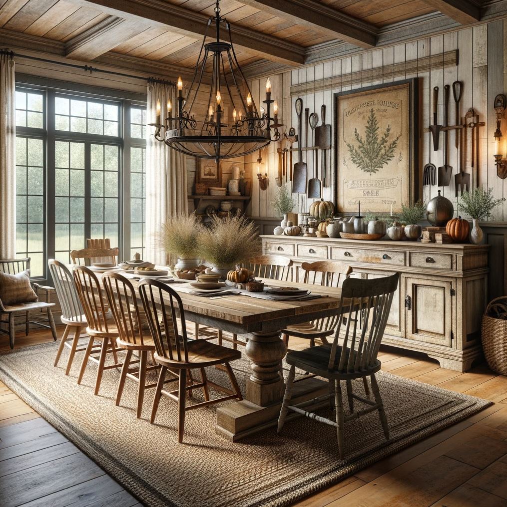 A farmhouse-style dining space with a sturdy wood table, mixed-style seating, and vintage decor, all under the warm glow of a classic chandelier.
