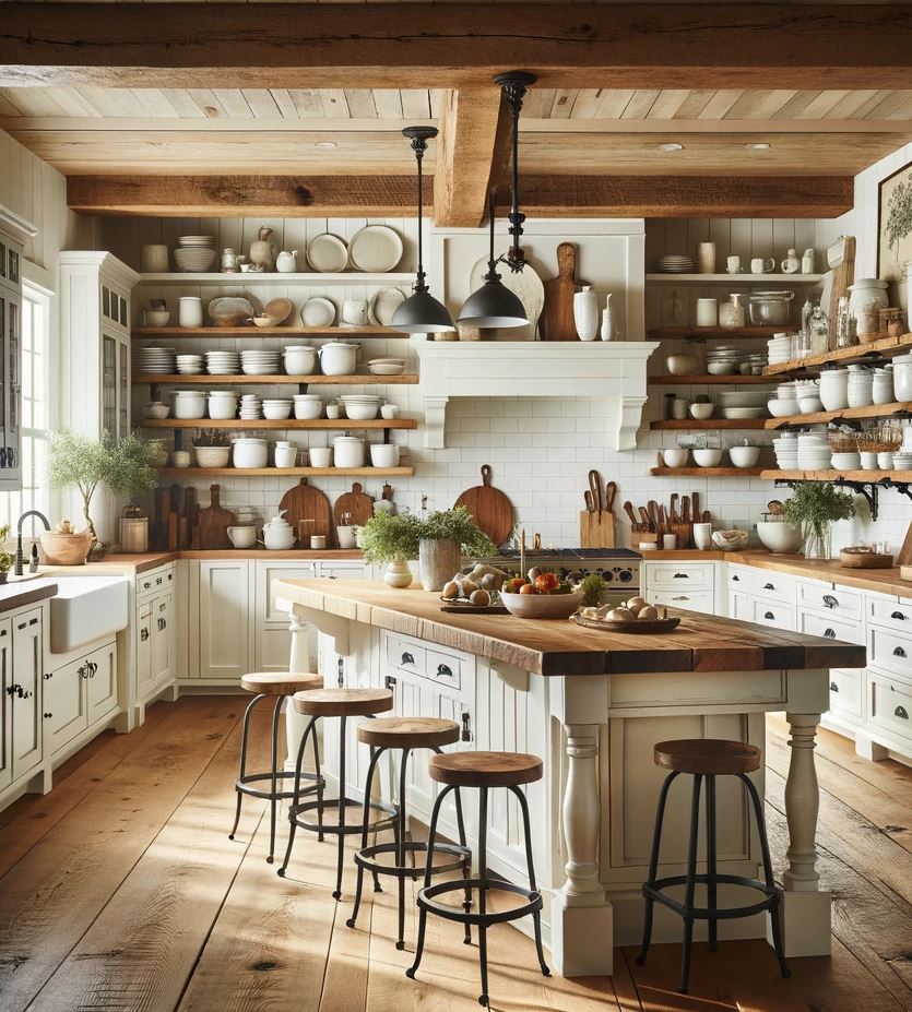 A welcoming farmhouse kitchen boasting open shelving, white cabinetry, and a central island with barstool seating, encapsulating the essence of rustic elegance.
