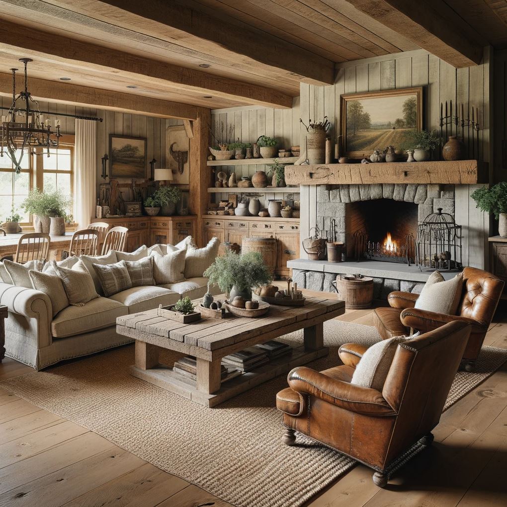 A cozy farmhouse living room complete with plush seating, a natural wood coffee table, and a stone fireplace, inviting relaxation and conversation.
