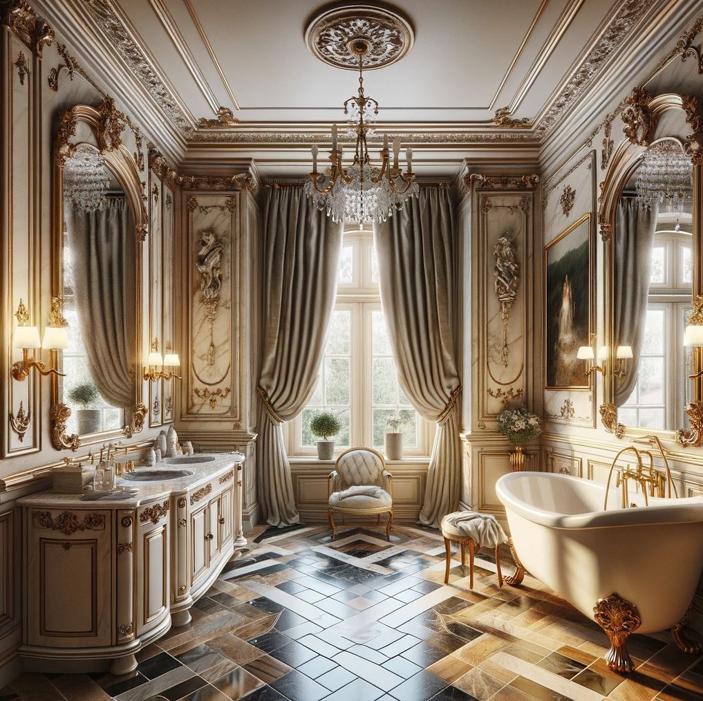 Indulge in the elegance of this French neoclassical bathroom, where timeless luxury meets comfort, featuring a classic freestanding bathtub, detailed woodwork, and sparkling chandeliers for a bath fit for royalty.