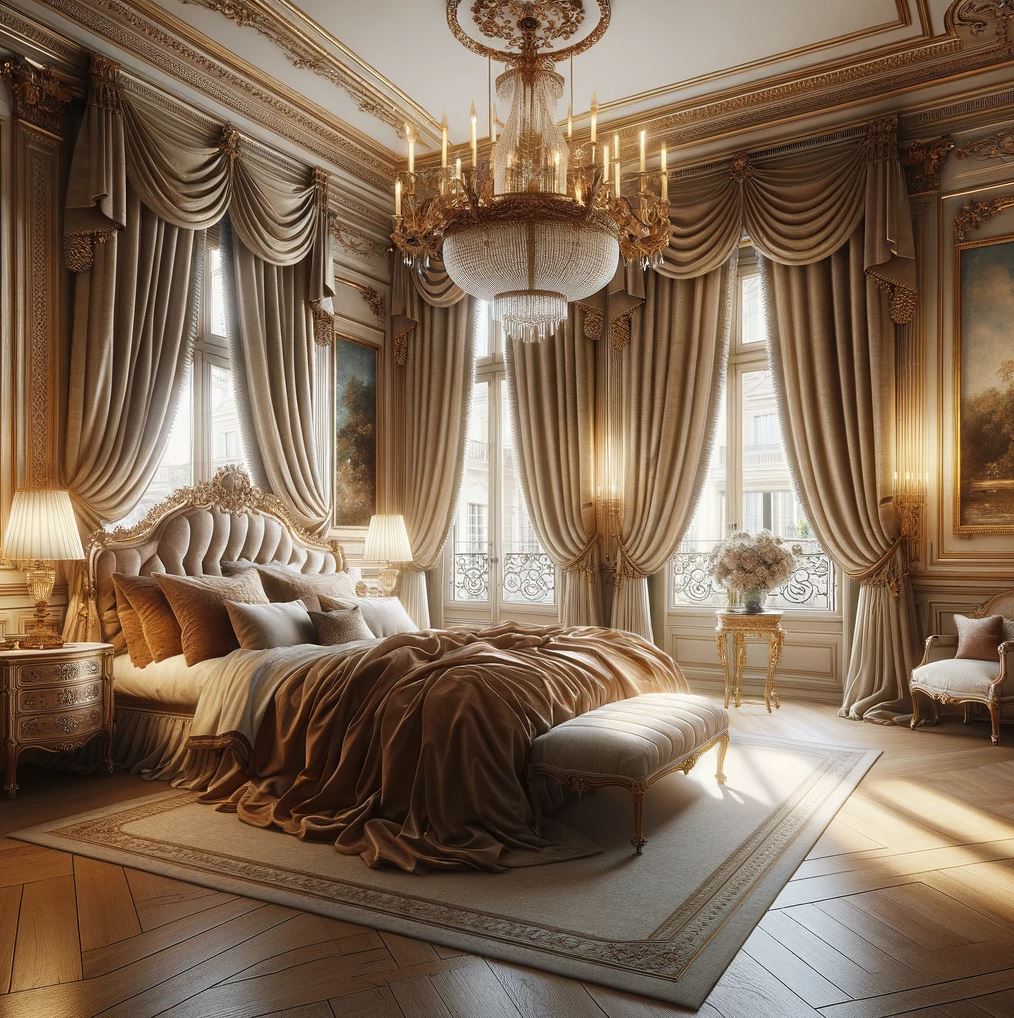 Awake in luxury amidst the grandeur of this French neoclassical bedroom, where opulent drapes frame sunlit windows, and a majestic chandelier presides over the regal, tufted bed.