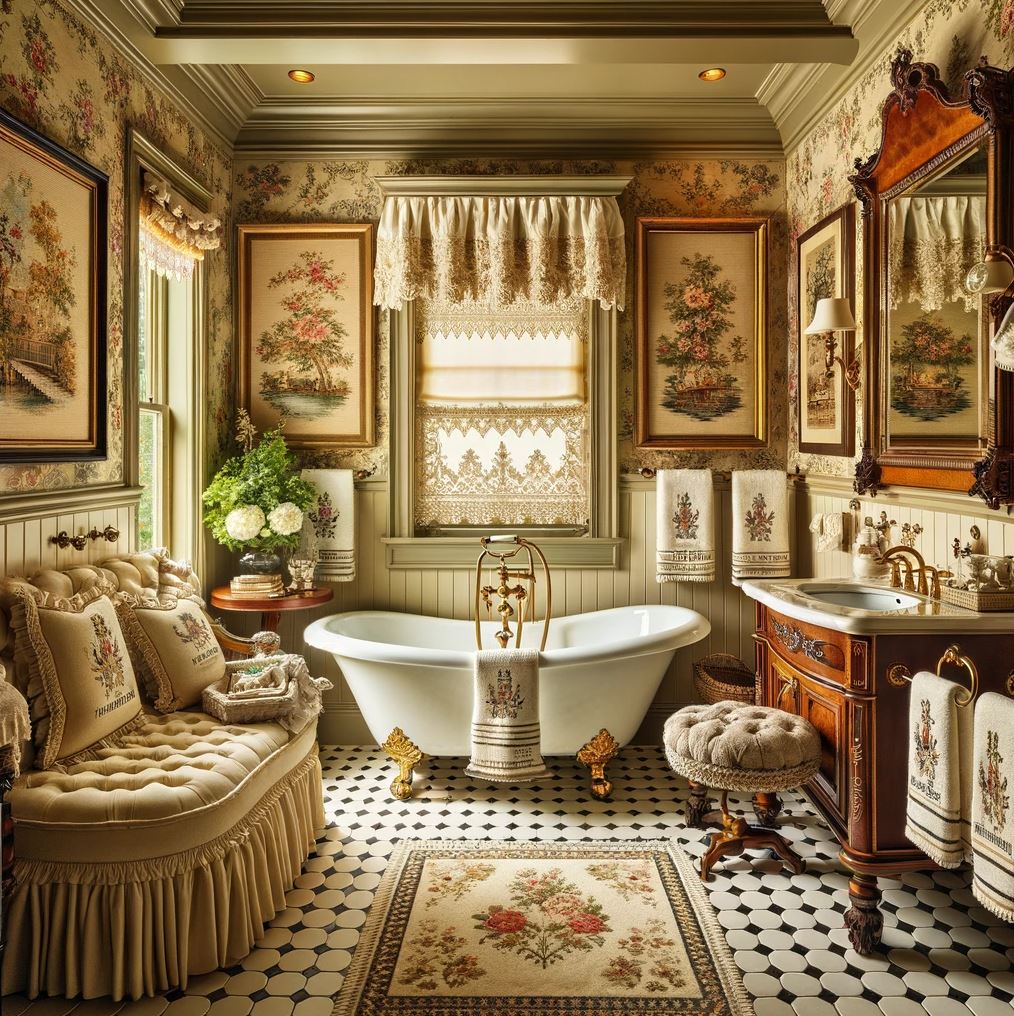 A grandmillennial bathroom that serves as a luxurious sanctuary, complete with a classic clawfoot tub, intricate wallpaper, and antique furnishings, all enveloped in a warm, inviting palette.