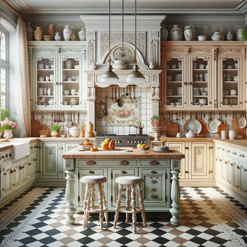 This grandmillennial kitchen is a whimsical nod to the past, with its pastel cabinetry and open shelving brimming with crockery and pots, all tied together by a charming checkered floor.