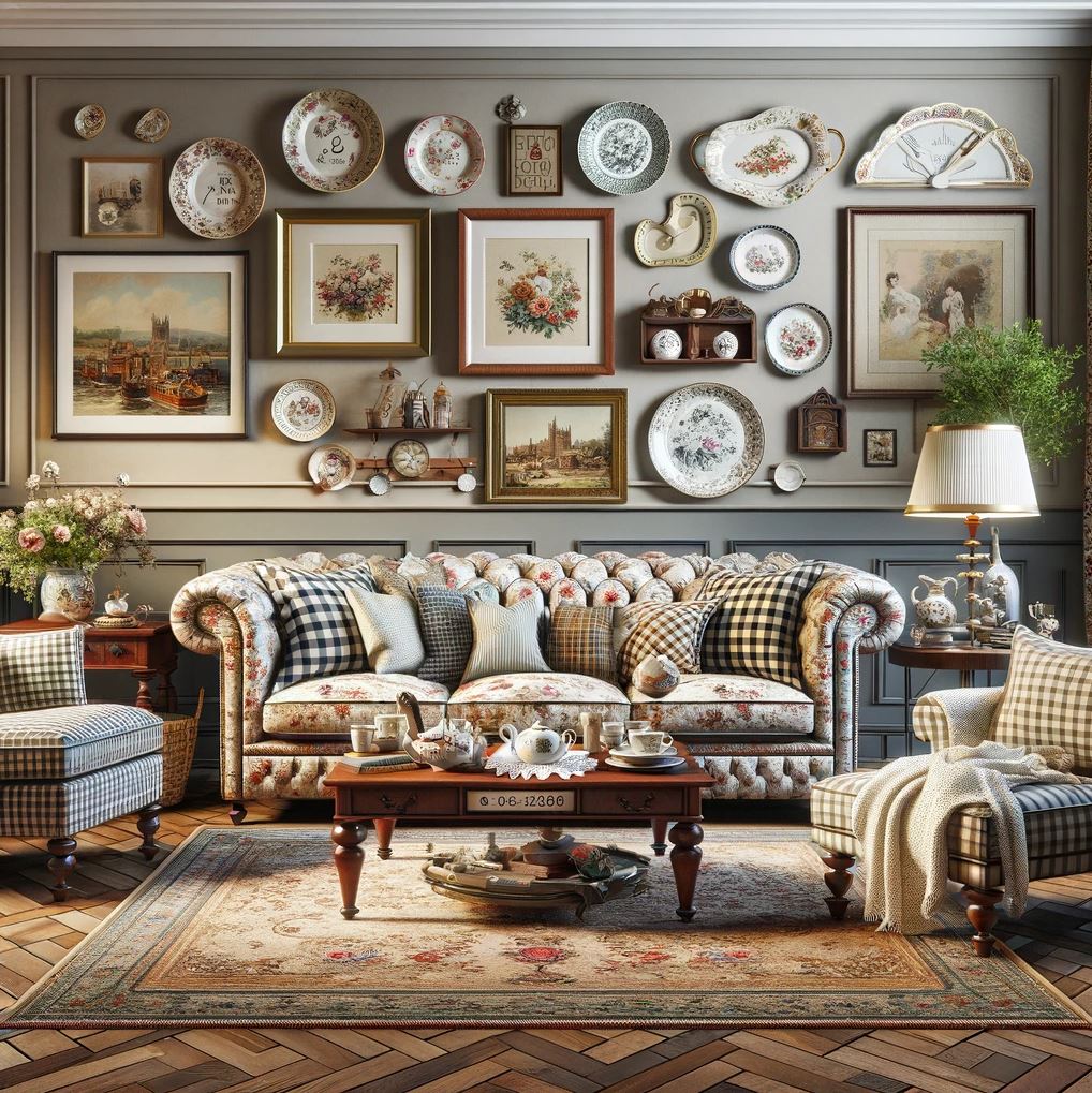 A grandmillennial living room that marries nostalgia with flair, featuring an eclectic mix of patterns and textures, from the floral sofa to the wall-mounted plates, creating a space that’s at once cozy and elegant.