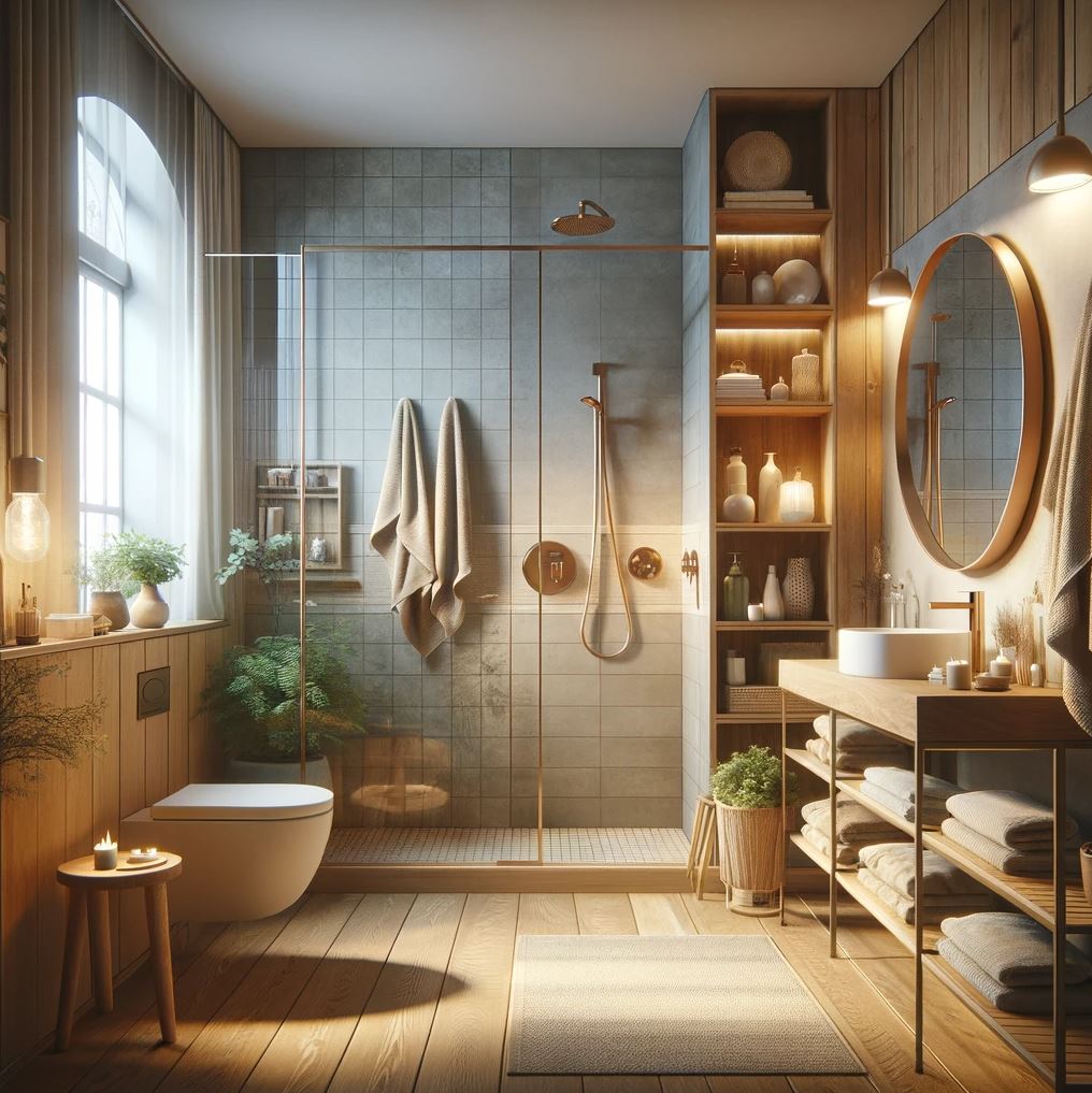 The epitome of a relaxing retreat, this hygge bathroom combines natural elements and soft lighting, with a focus on wooden textures and greenery to create a serene oasis.