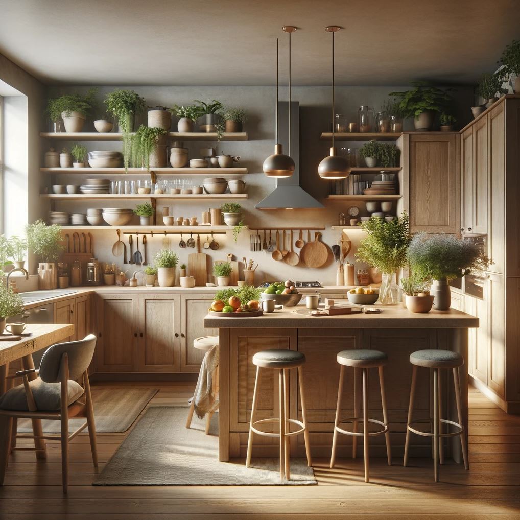 A hygge-style kitchen bathed in warm light, where wood dominates the scene, creating a perfect blend of form and function with open shelving that is as much about display as it is about storage.