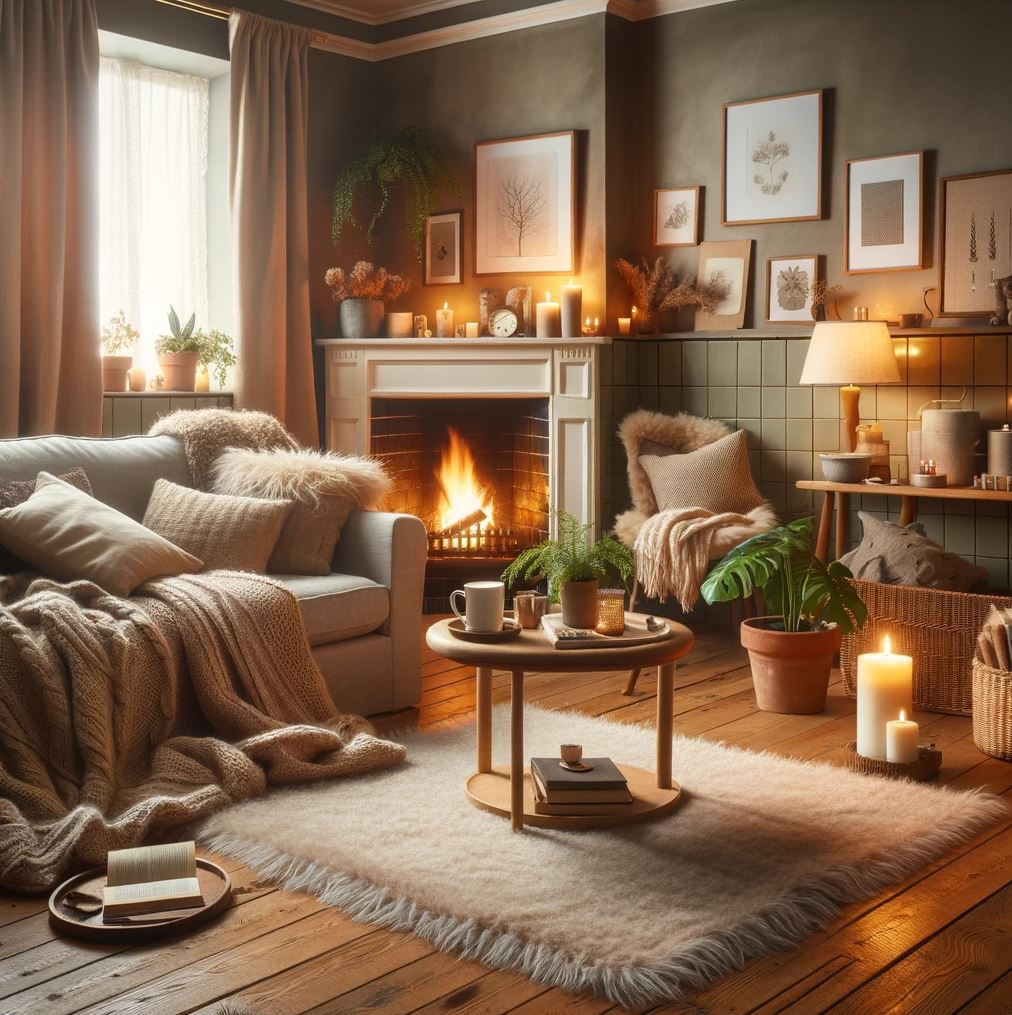  This living room is a hygge haven, featuring a roaring fireplace, plush seating, and gentle lighting, inviting you to unwind in a space that feels like a warm embrace.