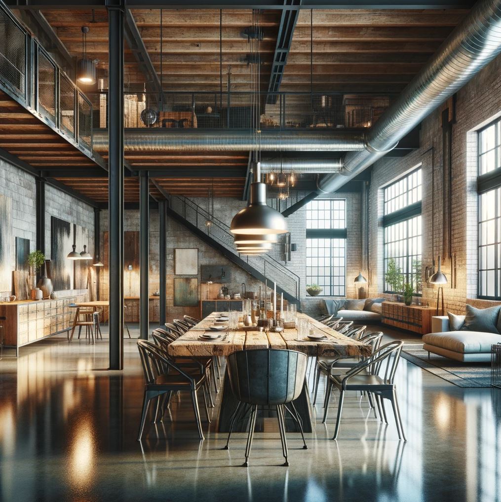 A spacious loft-style dining area that merges rugged aesthetics with modern comforts, featuring a long communal table, exposed beams, and ample natural light.