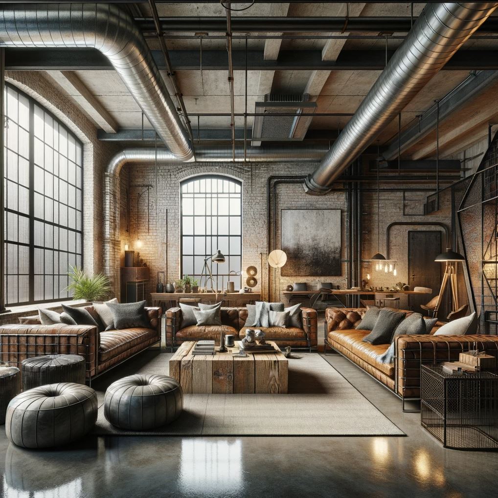 This loft's living space harmonizes raw textures with plush furnishings, showcasing exposed brick, soaring ceilings, and an open, welcoming layout perfect for social gatherings or quiet evenings.