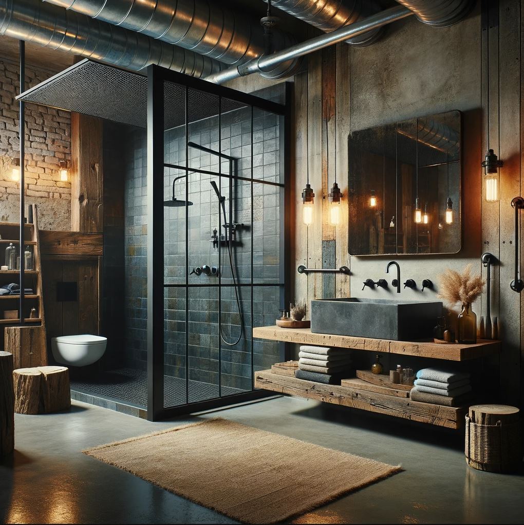 A sleek industrial rustic bathroom combining modern fixtures with rustic wood elements and Edison sconce lighting for a striking, comfortable ambiance.