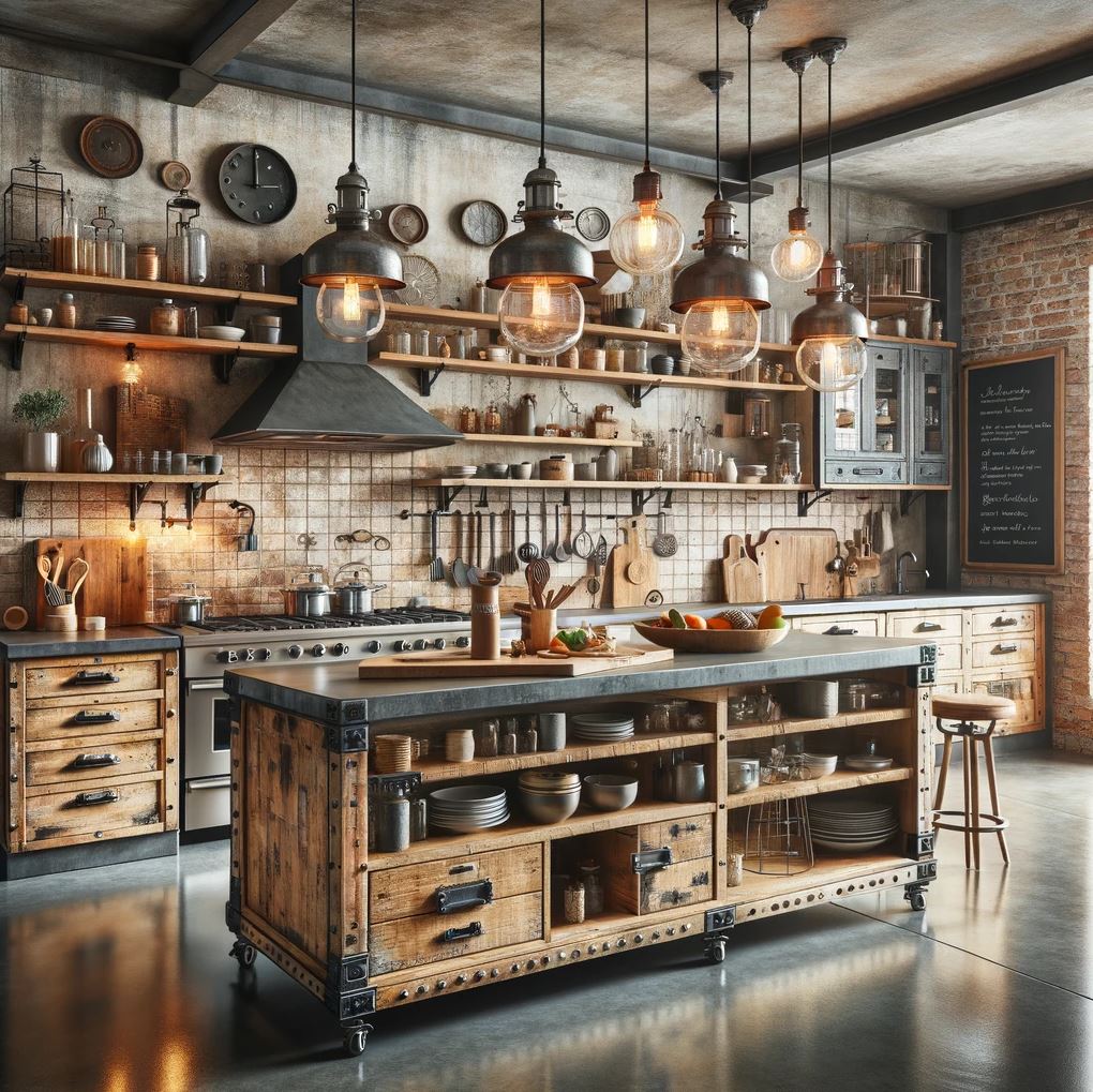 A spacious industrial rustic kitchen featuring a blend of stainless steel, rough wood, and Edison bulb lighting, creating a stylishly functional culinary space.