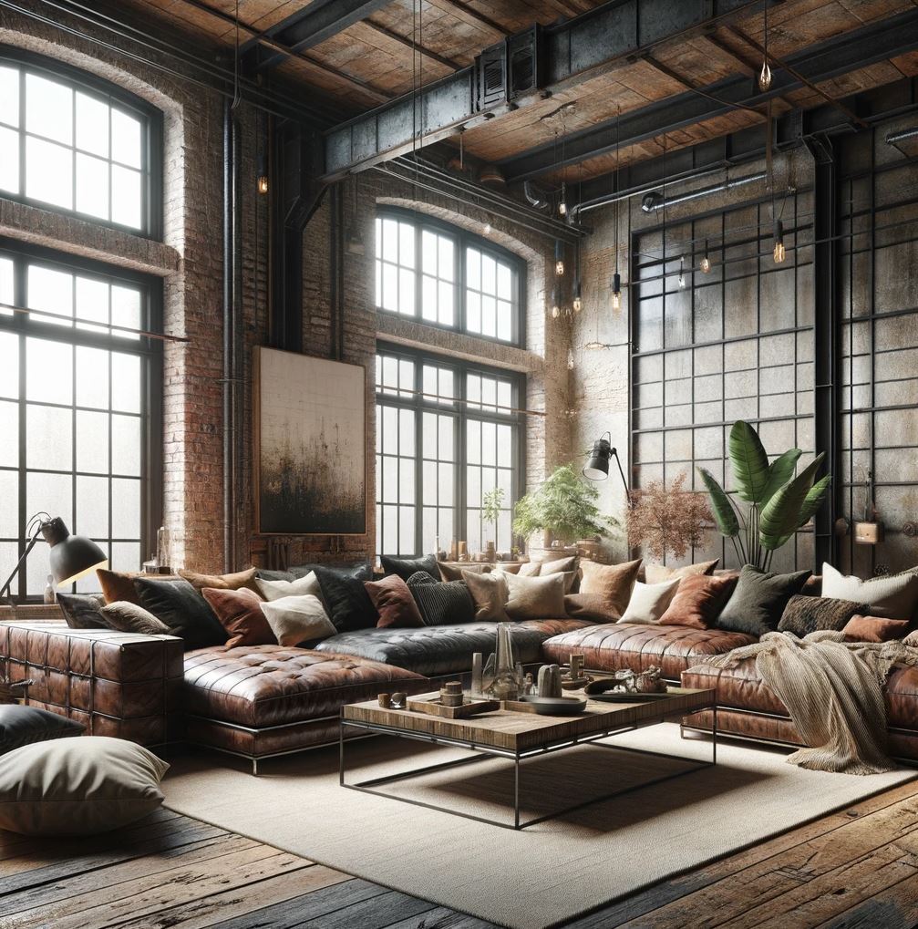A chic industrial rustic living room with a luxurious leather sectional, exposed brick, and wood accents, illuminated by natural light and warm, ambient bulbs.