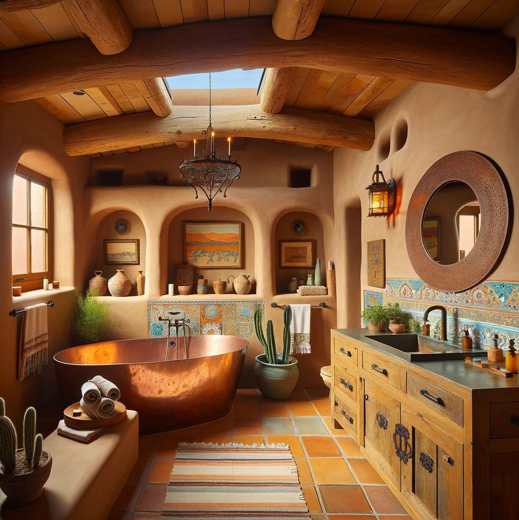 This Pueblo Revival bathroom blends rustic elegance with modern amenities, showcasing a copper bathtub, Saltillo tile flooring, and Talavera tile accents, illuminated by a skylight.