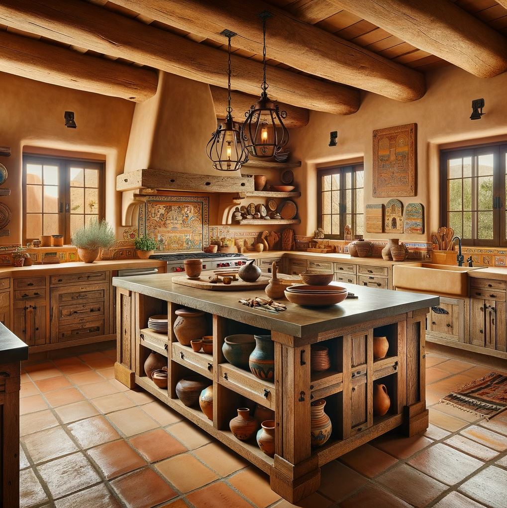 A spacious Pueblo Revival kitchen that exudes warmth, highlighted by a large wooden island, Saltillo tiles, and hand-painted ceramics, creating an inviting atmosphere for cooking and gathering.