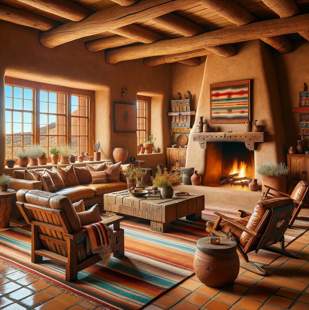 A welcoming Pueblo Revival living room where earthy tones and textures converge, complete with a kiva fireplace, wooden ceiling beams, and traditional Southwestern furnishings.