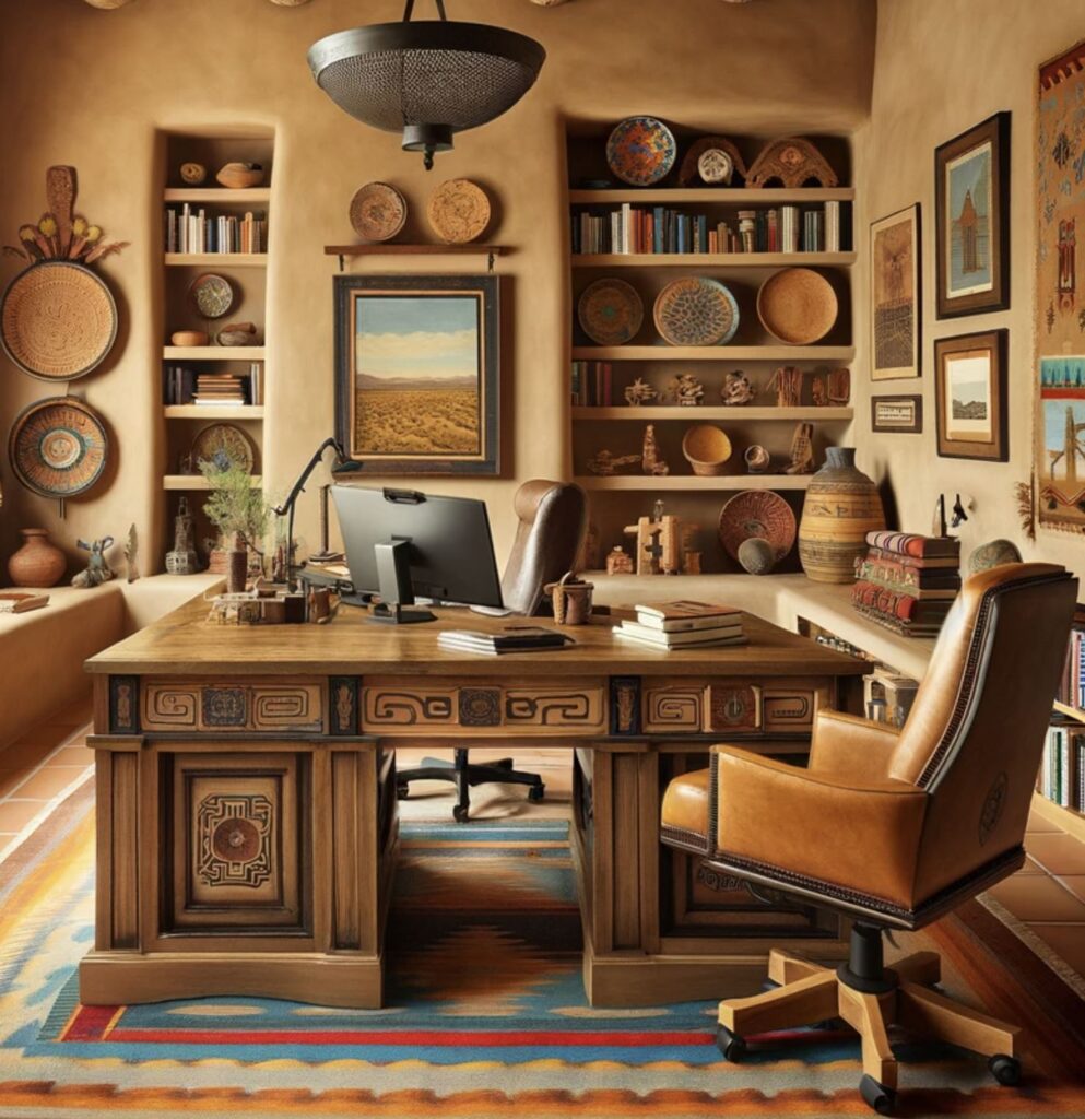 An inspiring Pueblo Revival workspace featuring a robust wooden desk, leather chair, and a collection of Southwestern pottery, with natural light streaming in to illuminate the rich textures and colors of the room.