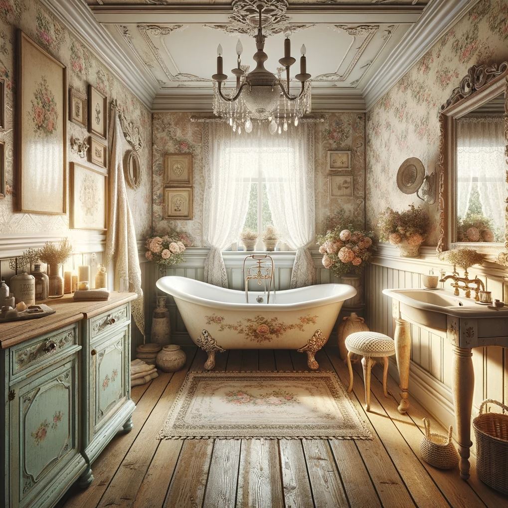 Bask in the quaint allure of this shabby chic bathroom, where distressed woodwork meets delicate floral patterns, creating a space that's both rustic and elegant.