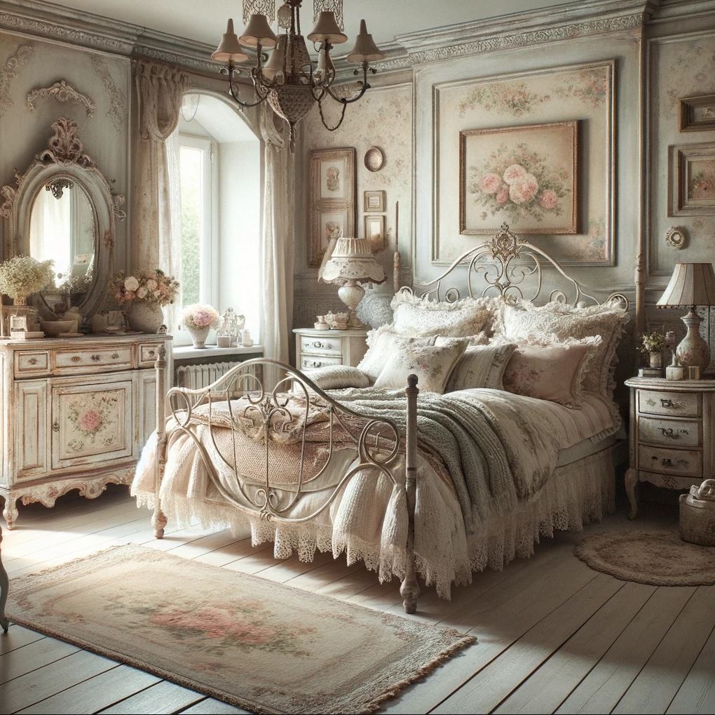 Step into a realm of vintage charm with this shabby chic bedroom, adorned with antique furnishings, floral motifs, and a soft color palette that whispers relaxation and romance.