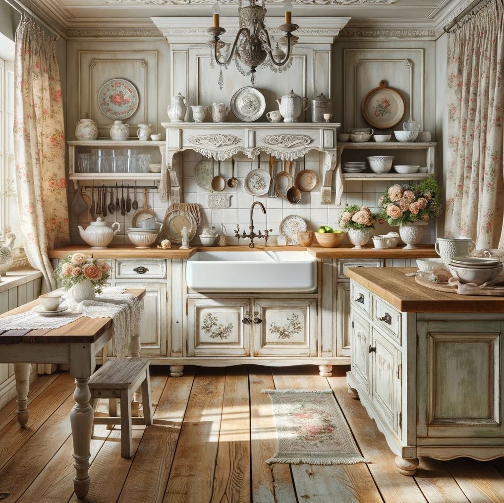 A heartwarming shabby chic kitchen that exudes a sense of nostalgia with its weathered cabinetry, open shelving filled with heirloom dishes, and a cozy, sunlit nook that invites memorable mornings.
