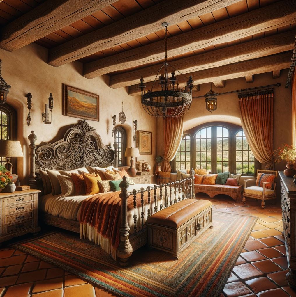 A serene Spanish Colonial bedroom, with terracotta floors and a carved wooden bed frame, bathed in the warm glow of natural light.