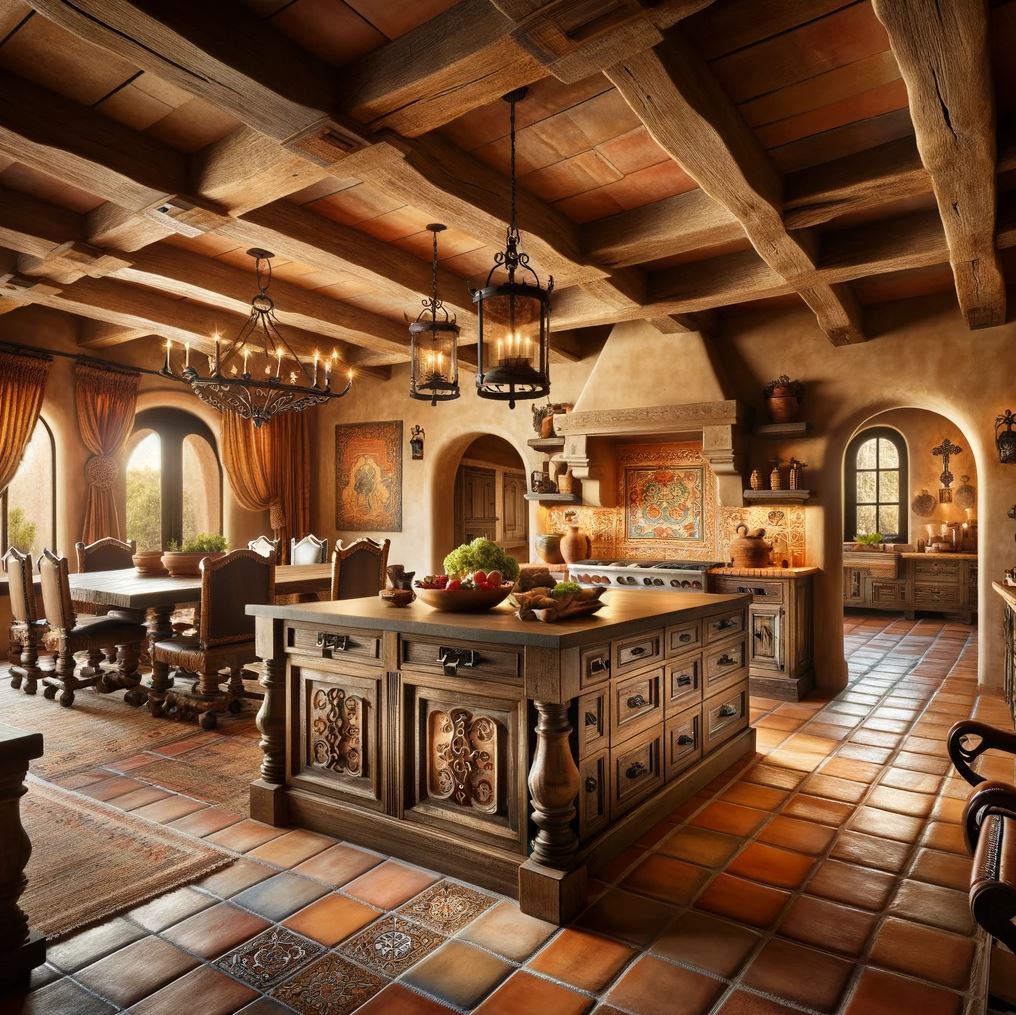 A spacious Spanish Colonial kitchen and dining area, where rustic meets elegance, featuring a grand wooden island and ornate tile work.