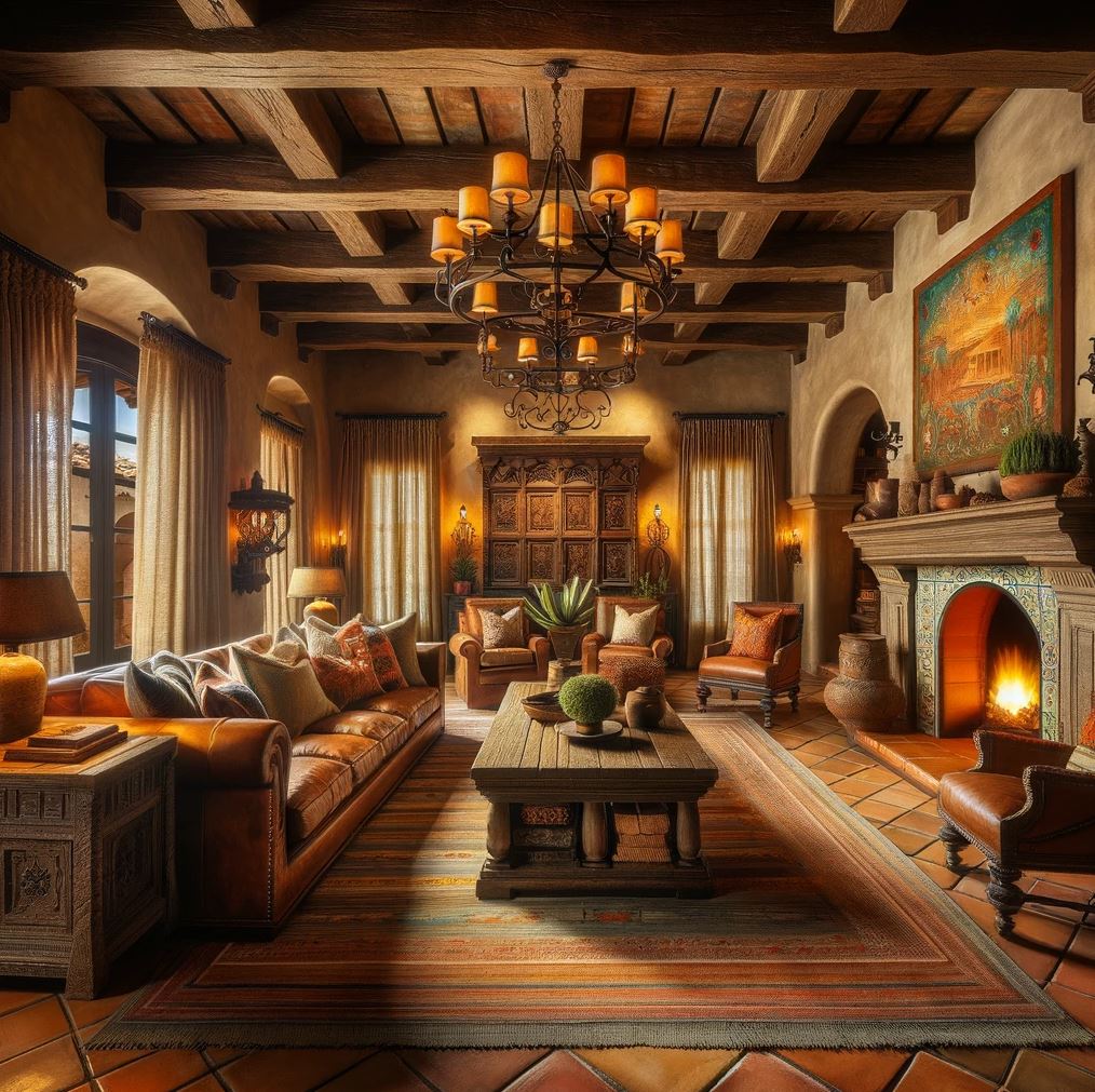 The heart of a home, a Spanish Colonial living room, rich with earth tones and furnished with plush leather seating by a welcoming fireplace.