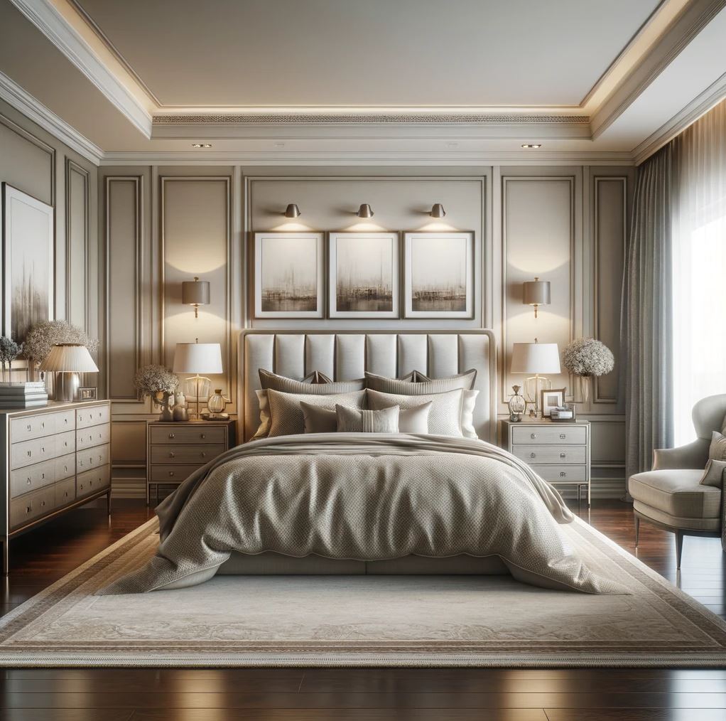 Experience the epitome of comfort in this luxurious transitional bedroom, where a plush, tufted bed is complemented by symmetrically placed nightstands and soft lighting, creating a serene retreat.