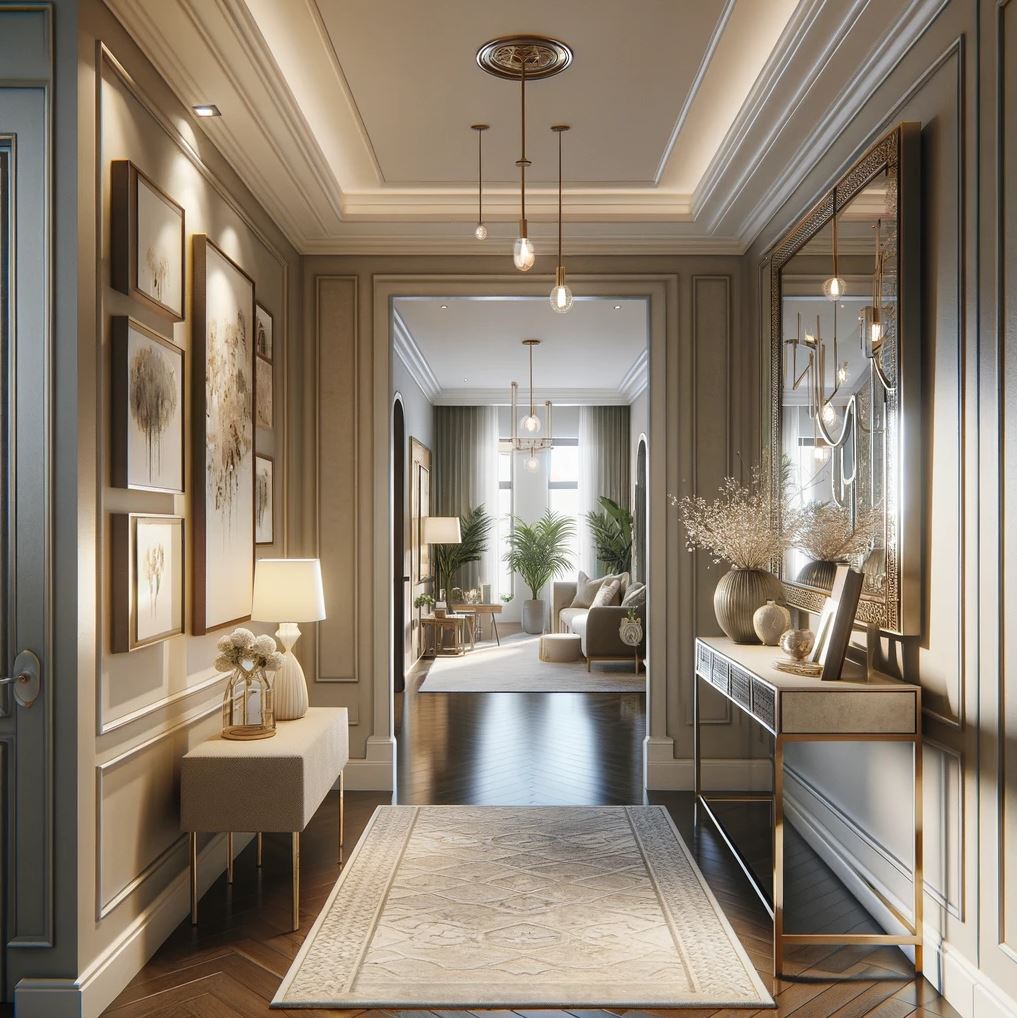 This stylish transitional hallway exudes a warm welcome with its refined wall paneling, cozy bench, and a harmonious arrangement of framed artwork, all illuminated by tasteful pendant lights.