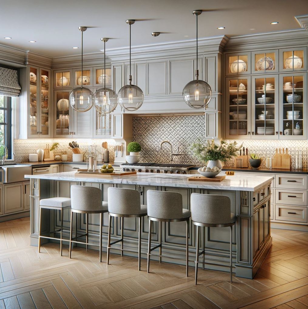 A chic transitional kitchen boasts an elegant blend of classic design and modern comfort, featuring sleek bar stools, statement lighting, and a patterned backsplash that adds a touch of sophistication.