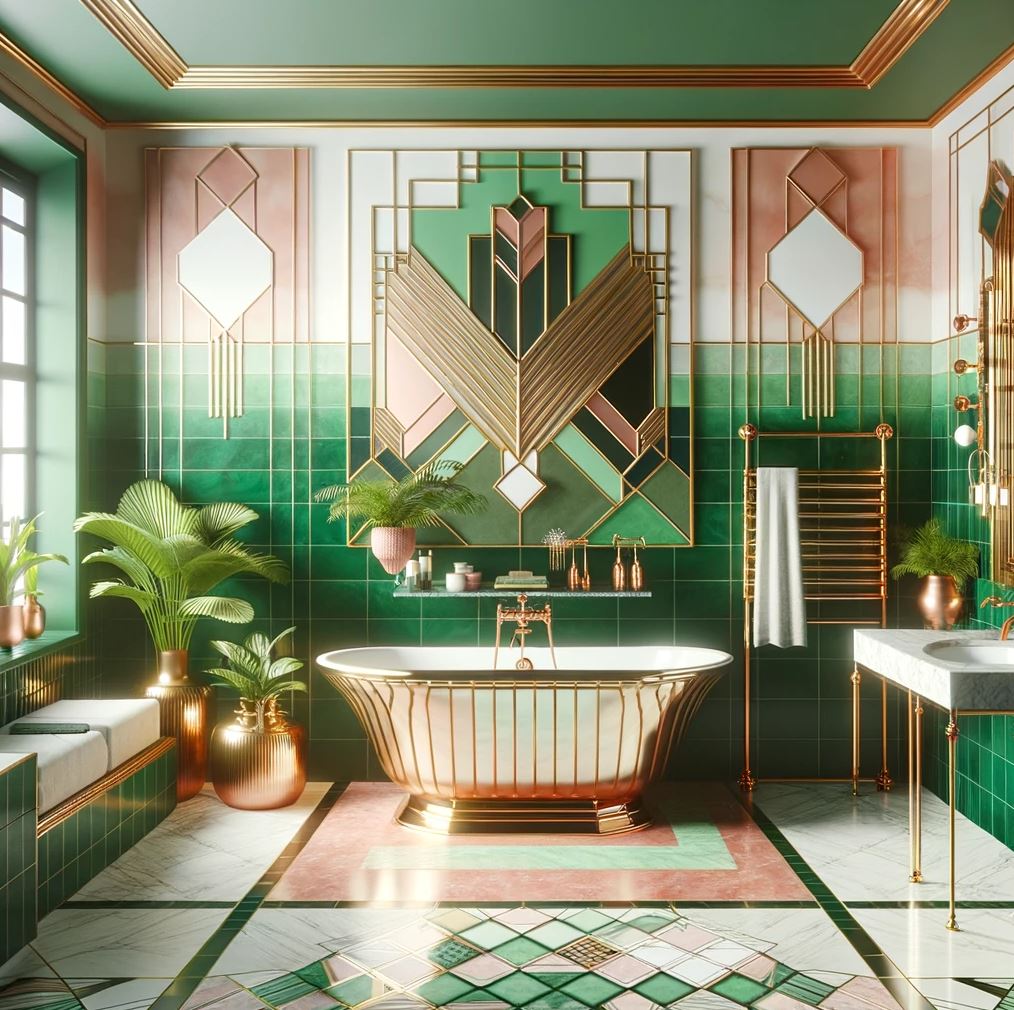 This tropical Art Deco bathroom combines the glamor of polished gold fixtures and vibrant emerald tiles.