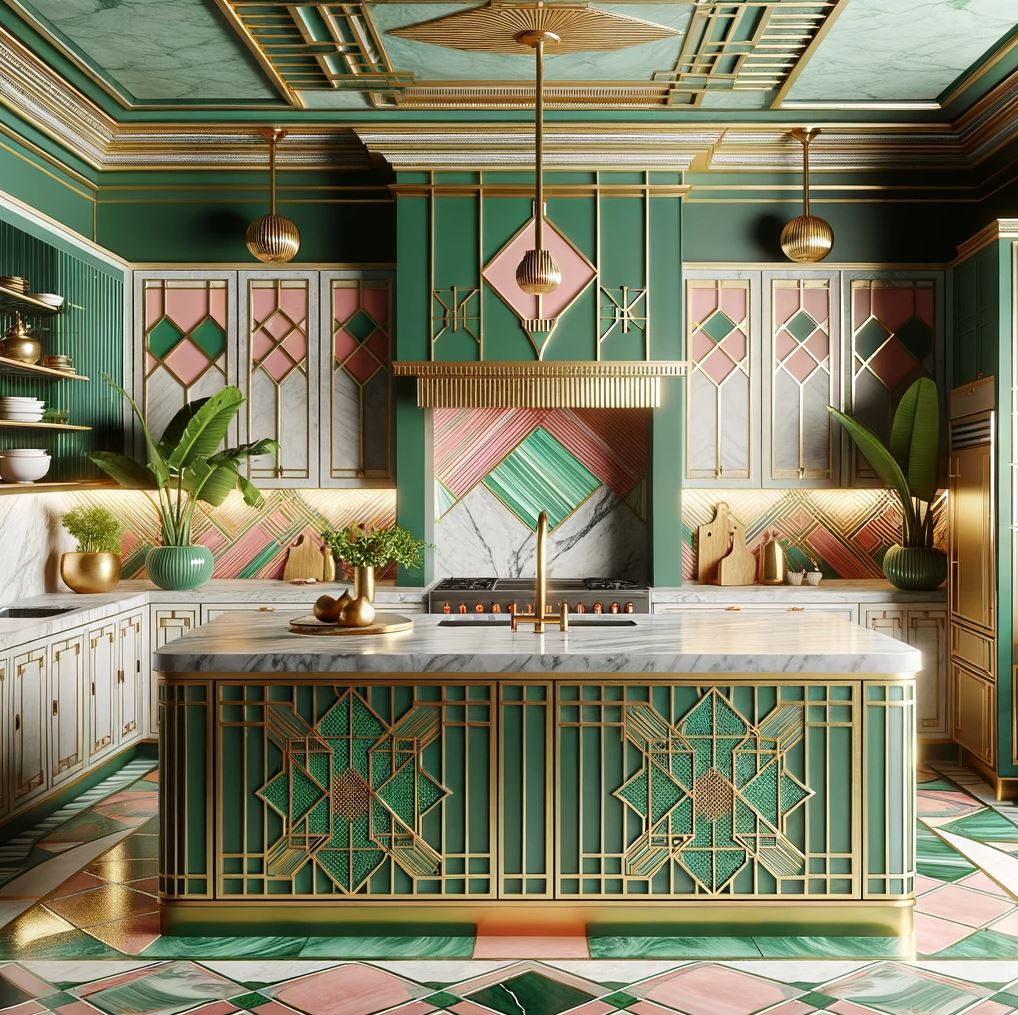 A kitchen that dazzles with tropical Art Deco flair, showcasing bold geometric patterns and a palette that pops with life and luxury.