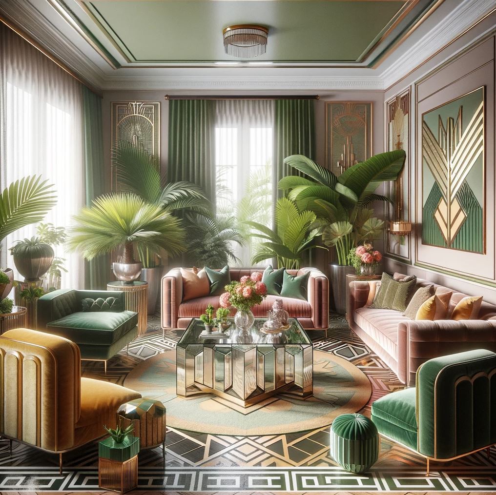 A tropical Art Deco living room that blends lush greenery with plush pink and gold accents, encapsulating the luxury of the roaring twenties.