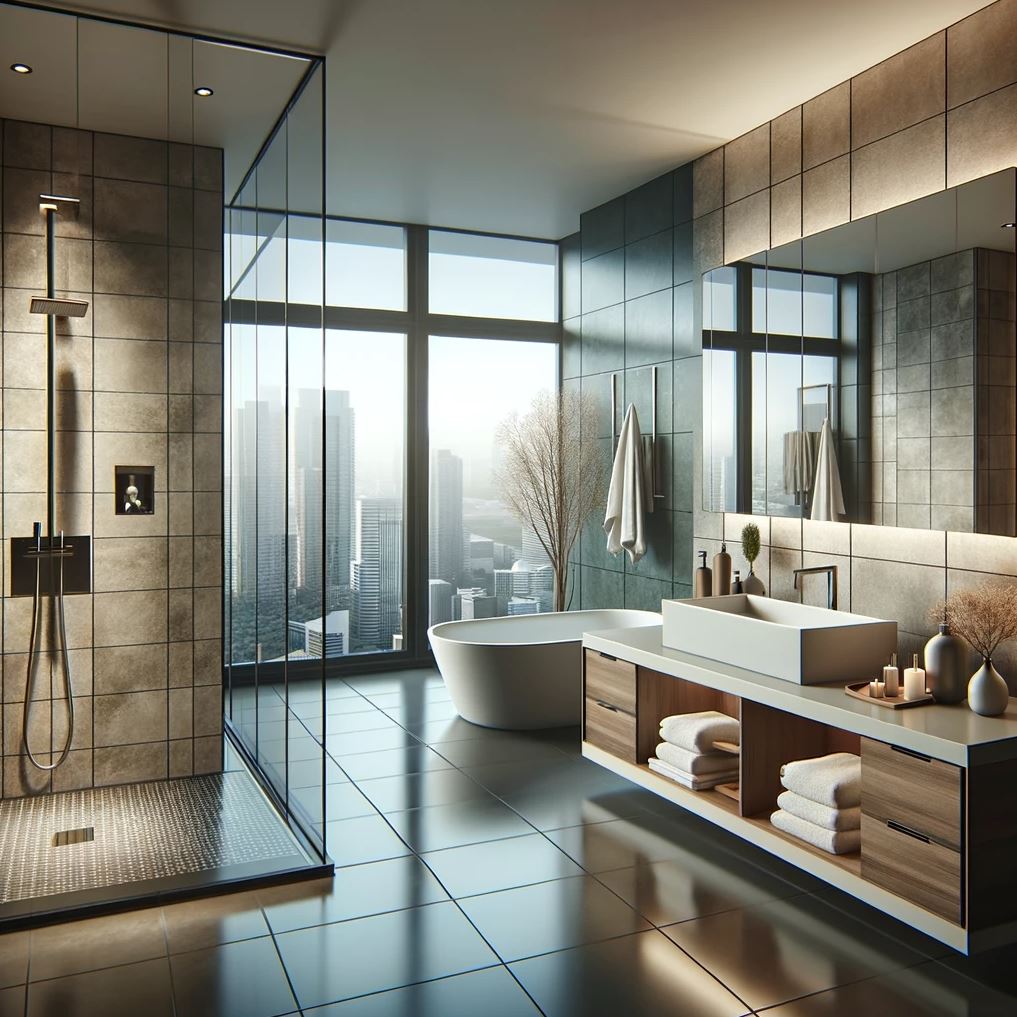 A modern urban bathroom with a spacious glass-walled shower, freestanding bathtub, sleek floating vanity, and a panoramic view of the city skyline.