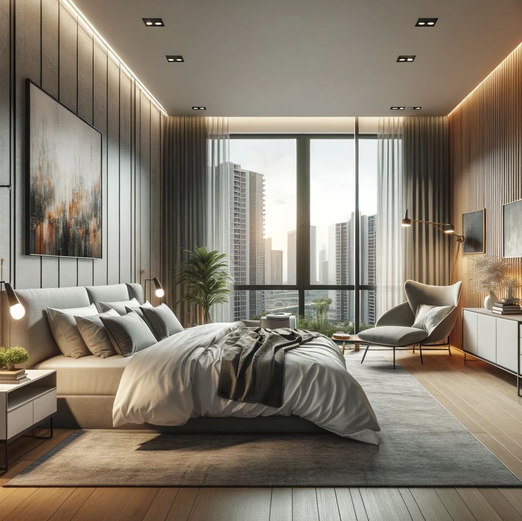 A contemporary urban bedroom featuring a plush bed with soft linens, an elegant lounge chair, and floor-to-ceiling windows that offer an impressive view of towering skyscrapers.