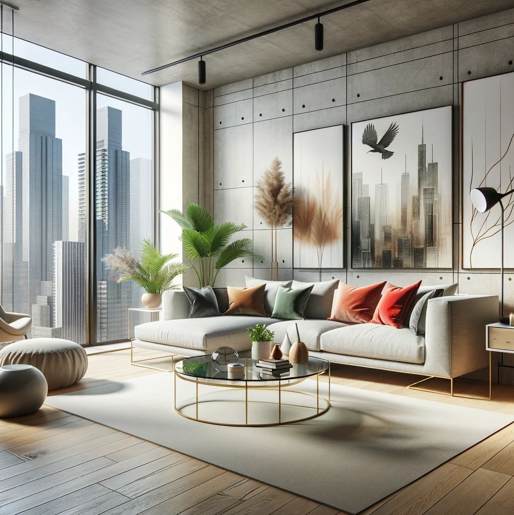 A chic urban living room designed with a minimalist approach, highlighting a sophisticated neutral palette, modern furniture, and large windows framing the urban vista.