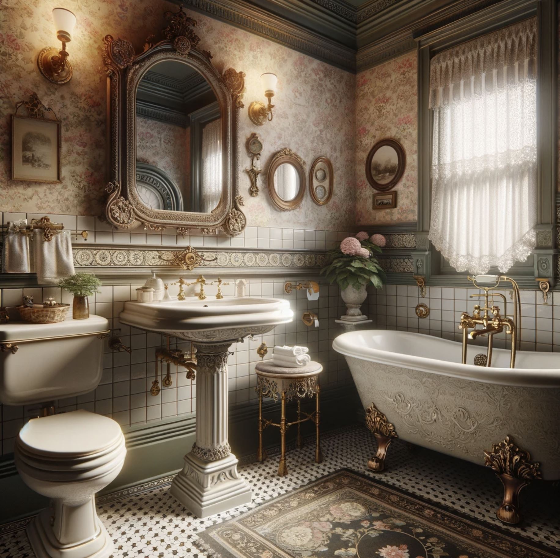 An exquisite Victorian bathroom with dual clawfoot tubs, gilded fixtures, and a stately vanity, reminiscent of a luxurious spa from the past.