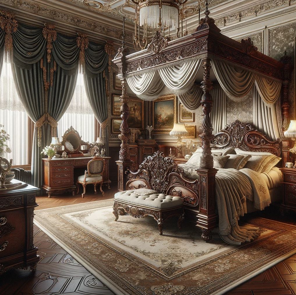 A palatial Victorian bedroom featuring an opulent four-poster bed, richly textured fabrics, and an air of regal elegance befitting a bygone era.
