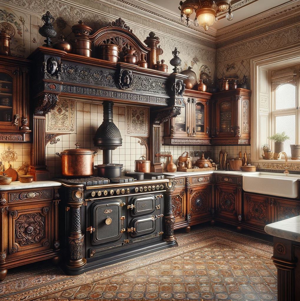 A Victorian-era culinary sanctuary boasting an ornate black cooking range, copper cookware, and intricate woodwork that exudes old-world charm.