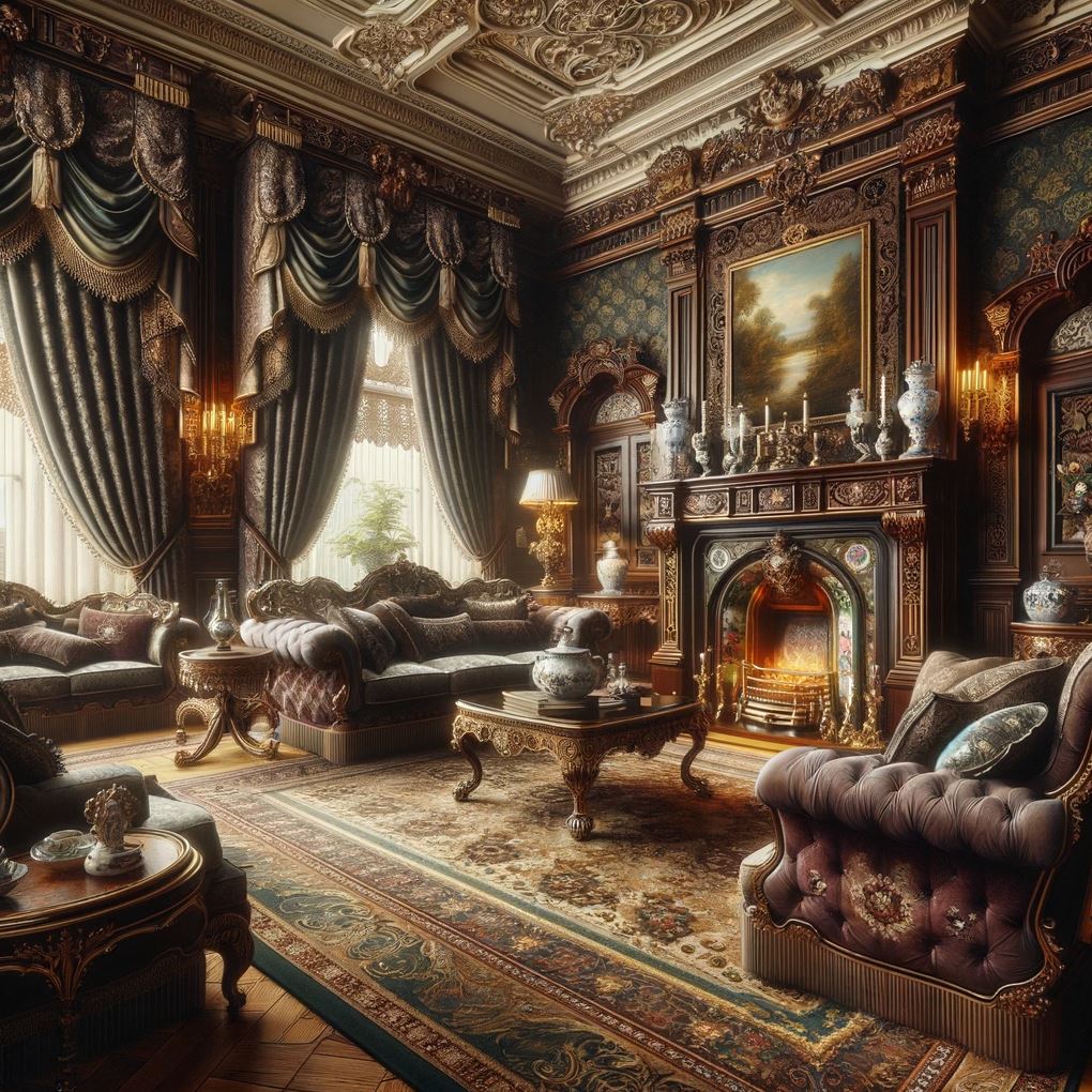 A lavish Victorian living room resplendent with plush velvet seating, a grandiose fireplace, and sumptuous drapery, all epitomizing the grandeur of 19th-century design.