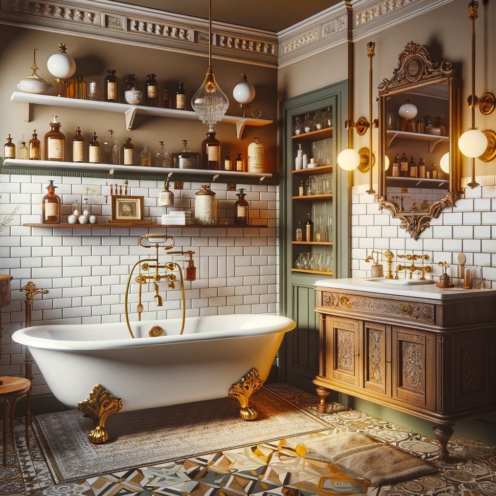 A bathroom that combines timeless luxury with vintage flair, featuring a classic clawfoot tub, rich wood accents, and a collection of apothecary jars.